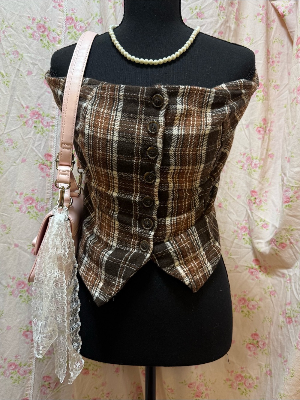 Brown Plaid Button Front Bustier Top
